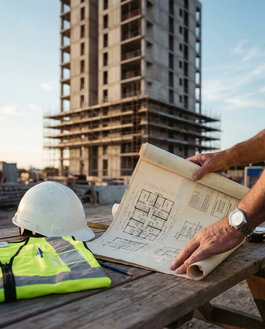 Hard hat, safety vest and building plans on a table in front of an apartment building under construction